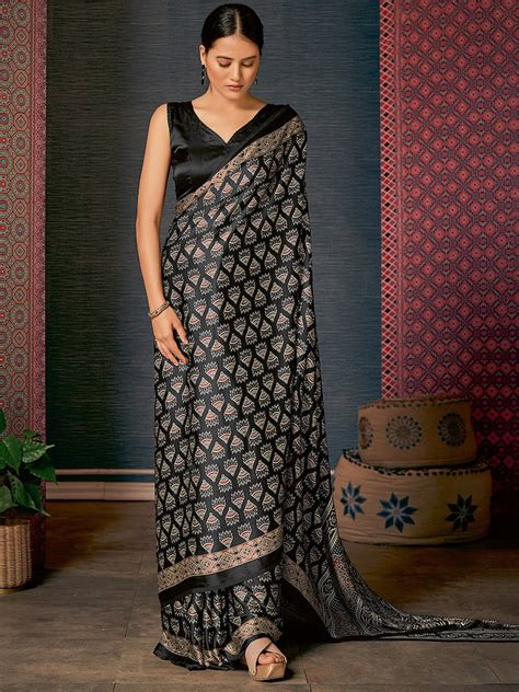 Buy Onyx Black Digital Printed Ajrakh Satin Crepe Saree Online - MySilkLove