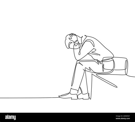 Single continuous line drawing of depression young worker sitting on ...