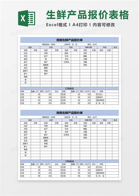 微商生鲜产品报价单Excel模板下载_熊猫办公