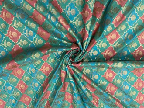 Sea Green Colour Geometric Semi Soft Brocade Fabric