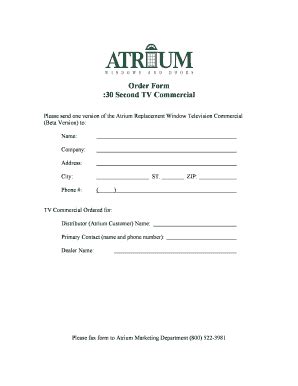 Fillable Online Order Form :30 Second TV Commercial - Atrium Fax Email ...
