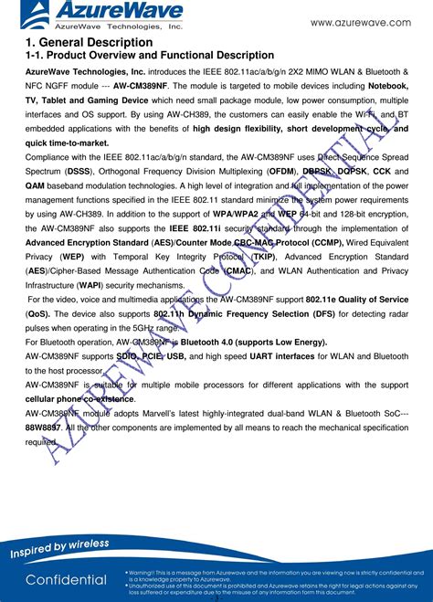 AzureWave Technologies CM389NF IEEE 802.11 2X2 MIMO a/b/g/n/ac Wireless ...