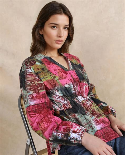 Rareism Women Lobbc Multi Bishop Sleeve V-Neck Button Closure Fit And