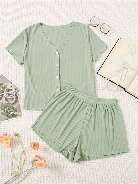 Lettuce Trim Button Front Top & Shorts PJ Set | Short pj set, Cute ...