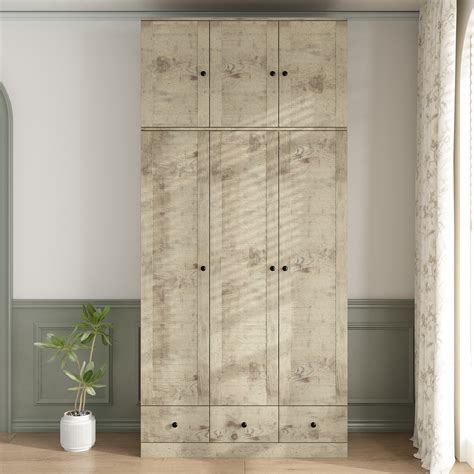 Ophelia & Co. Rustic Wooden Wardrobe With Top Cabinet, 3 Doors, And 2 ...