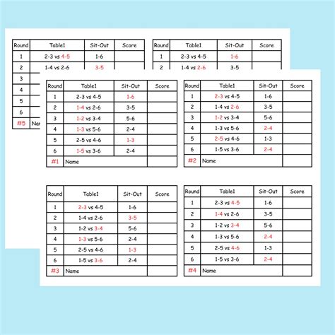 24 Person Euchre Tournament Rotation 6 Table Score Cards