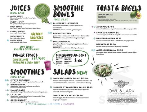 Owl and Lark menu in La Grange, Illinois, USA