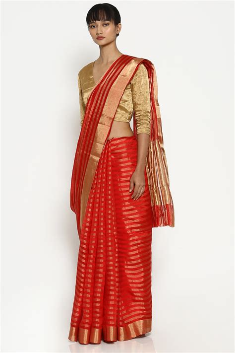 Red-Gold Striped Chanderi Saree – Via East