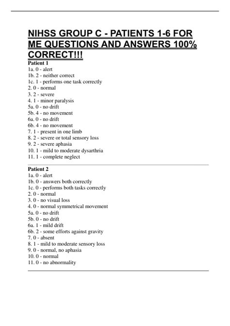 NIHSS GROUP C - PATIENTS 1-6 FOR ME QUESTIONS AND ANSWERS 100% CORRECT ...