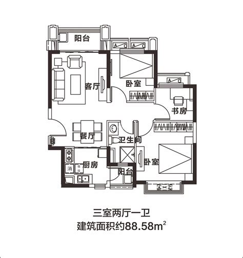 恒大曹家巷广场3室2厅一卫户型图,3室2厅1卫88.61平米- 成都透明房产网