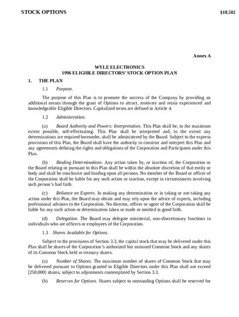 Wyle Electronics Directors Stock Option Plan - Blank Fillable Template ...