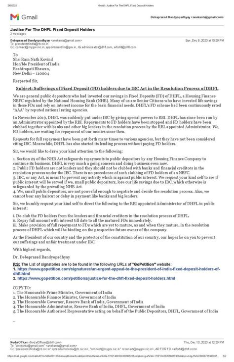 Justice For The DHFL Fixed Deposit Holders: a letter to the President ...