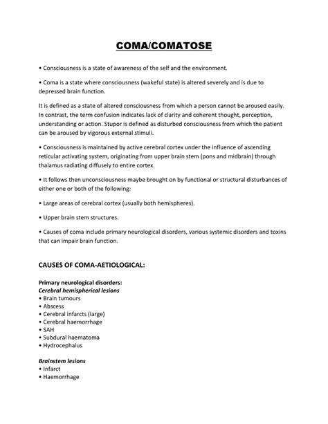 COMA - Lecture notes 9 - COMA/COMATOSE Consciousness is a state of ...
