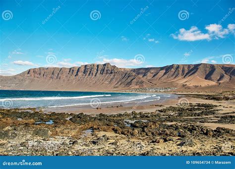 Landscape with Volcanic Hills and Atlantic Ocean in Lanzarote Stock ...