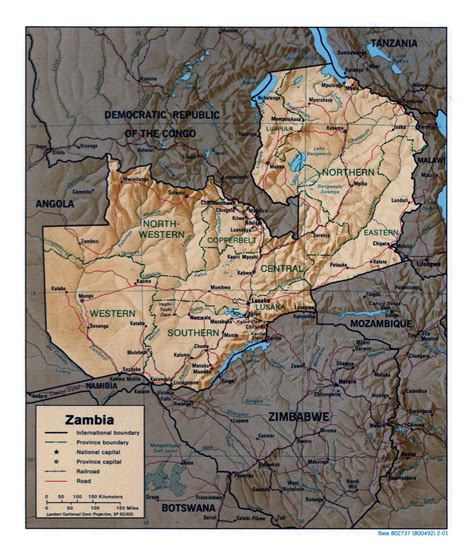 Large detailed political and administrative map of Zambia with relief, roads, railroads and ...