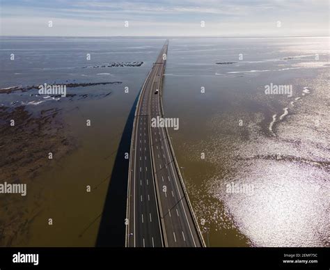 Aerial view of beautiful Vasco da Gama bridge's suspended highway road ...