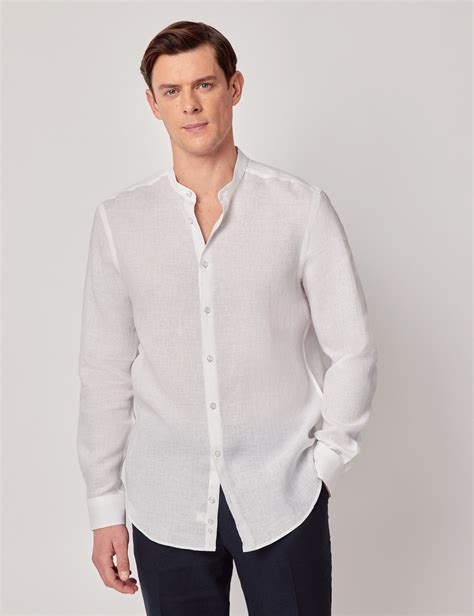 Men's White Pure Linen Shirt - Collarless | Hawes & Curtis