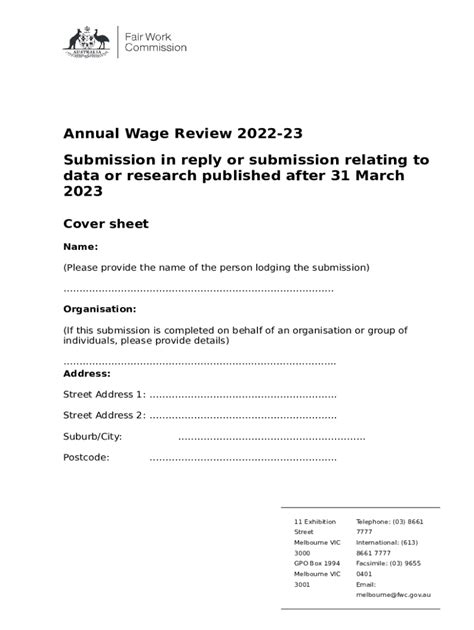 Cover sheet for submissions in reply to the Annual Wage Review 202122 ...