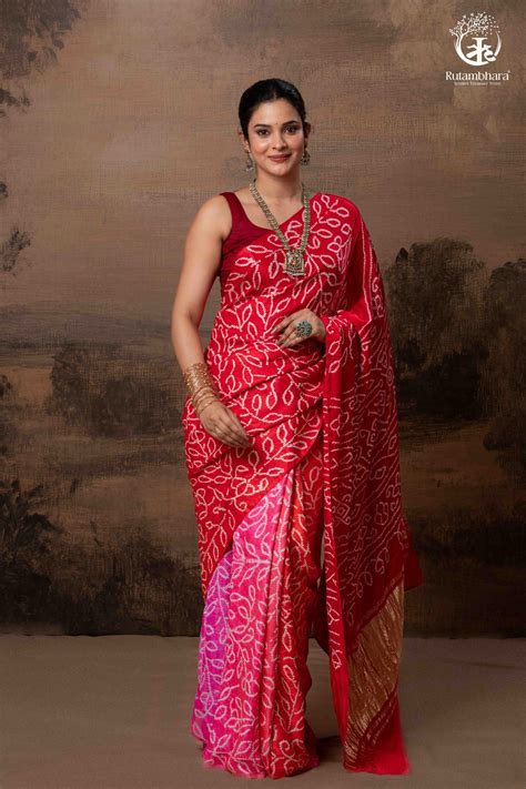 Radiant Tradition: Gajji Silk Bandhani Saree in Red & Pink | Rutambhar ...