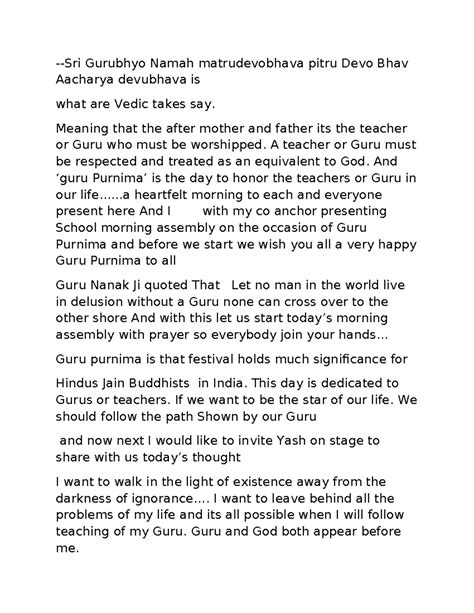 Anchoring script -Sri Gurubhyo Namah matrudevobhava pitru Devo Bhav ...