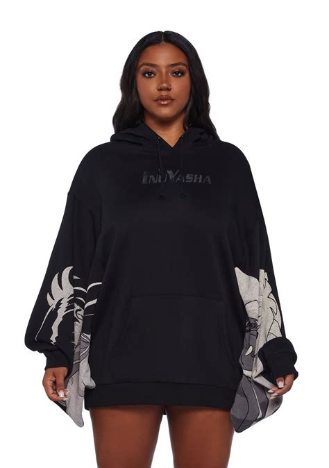 Plus Dolls Kill x InuYasha Batwing Sleeve Oversized Graphic Hoodie - Black
