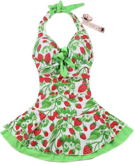 One Piece Halter Push Up Green Strawberry Ruched Slim Tankini Swim ...