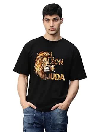 Buy Pavis Men Oversized Pure Cotton T Shirt with Lion Graphic Print ...