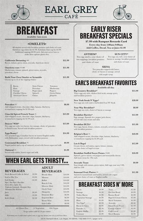 Earl Grey Cafe menu in Las Vegas, Nevada, USA