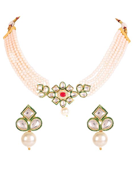 Buy Pink & Green Gold-Plated Kundan-Studded Jewellery Set