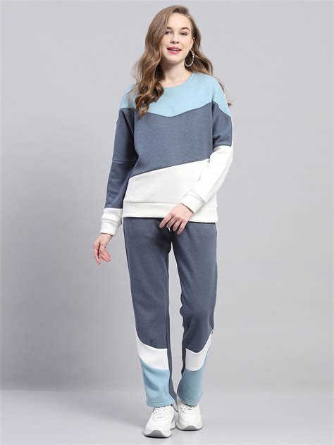 Buy Women Blue Solid Round Neck Full Sleeve Tracksuit Online in India ...
