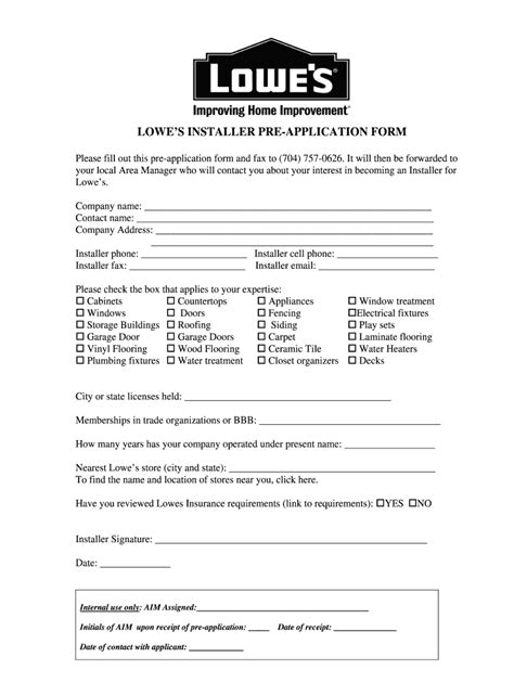Lowes Installer Pre-Application Form - Blank Fillable Template | Fill ...