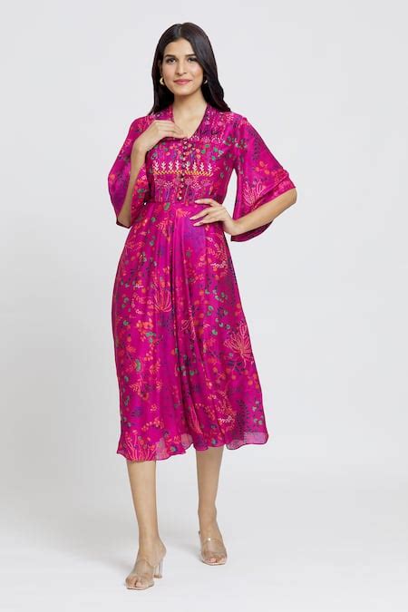 Buy Magenta Cotton Silk Printed Floral Raised Pleated Embroidered ...