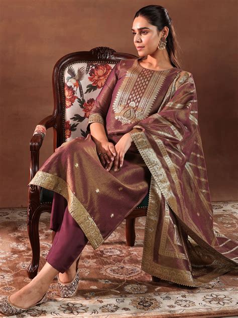 Buy Maroon Woven Design Silk Blend Straight Suit With Dupatta Online at ...