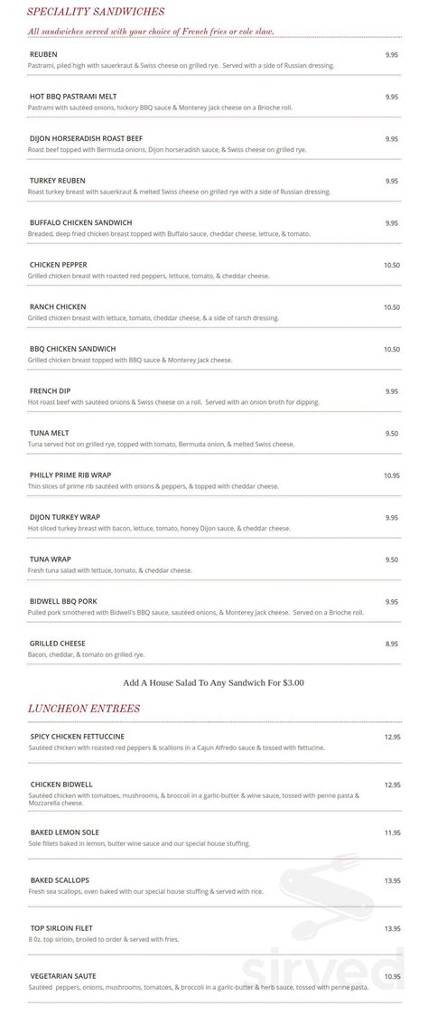 Bidwell Tavern menu in Coventry, Connecticut, USA