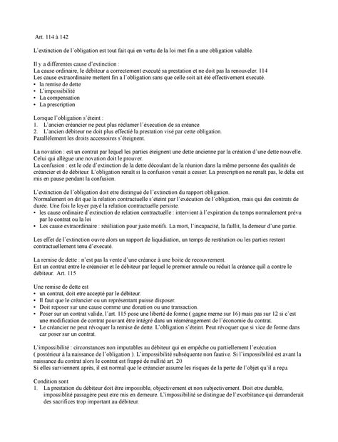 L’extinction des obligations CH6 - aide mémoire - Art. 114 à 142 L’extinction de l’obligation ...