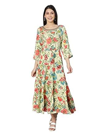 Buy Oxolloxo Women Viscose Maxi Regular Sleeves Floral Green Casual ...