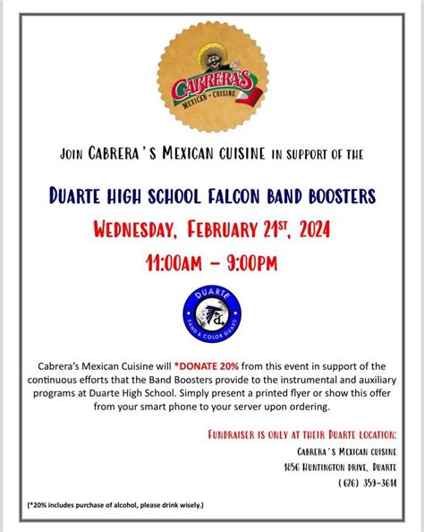 Duarte HS Band & Color Guard FUN-raiser!!!, Cabrera's Restaurant ...