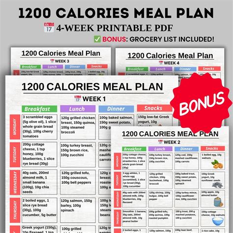 1200 Calorie Meal Plan 4-week PDF, 1200 Calories Diet Food List, 1200 ...