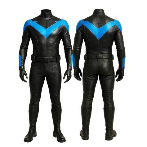 Nightwing Cosplay Costume, Leather Superhero Suit, Blue V Emblem ...
