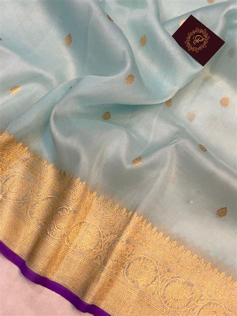 Pale Blue Banarasi Handloom Kora Silk Saree - Aura Benaras