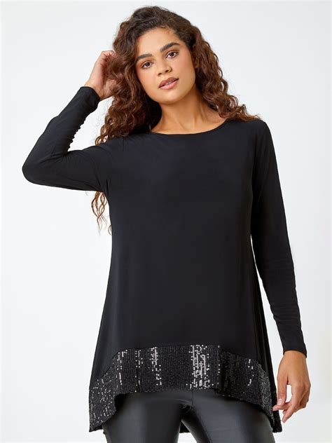 Buy Roman Black Sequin Hem Tunic Stretch Top from Next India