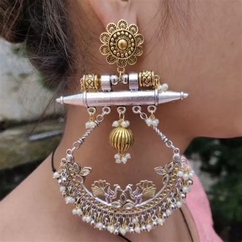 Dual Tone Peacock Design Crescent Shaped Chandbali Earrings – Masakali