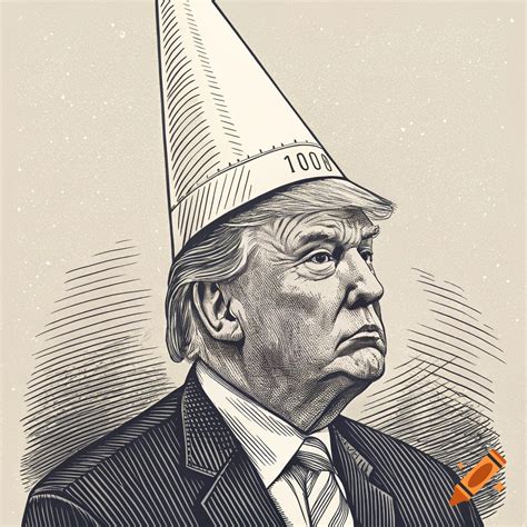 Woodcut print of Donald Trump wearing a dunce cap with the number 1000 ...