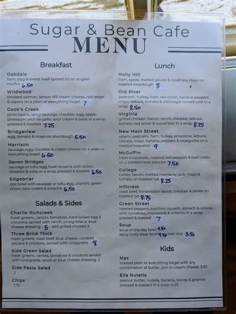 Menu at Sugar & Bean Cafe, Bridgewater