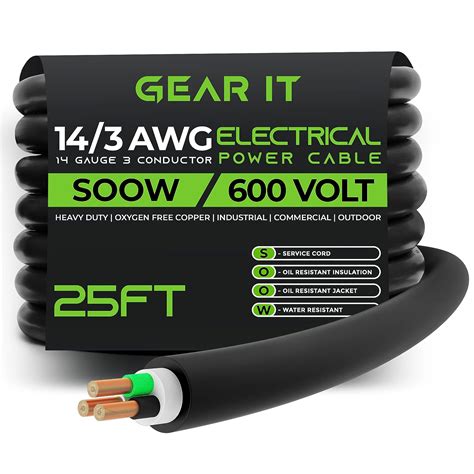 GearIT 14/3 14 AWG Portable Power Cable (25 Feet - 3 Conductor) SOOW ...