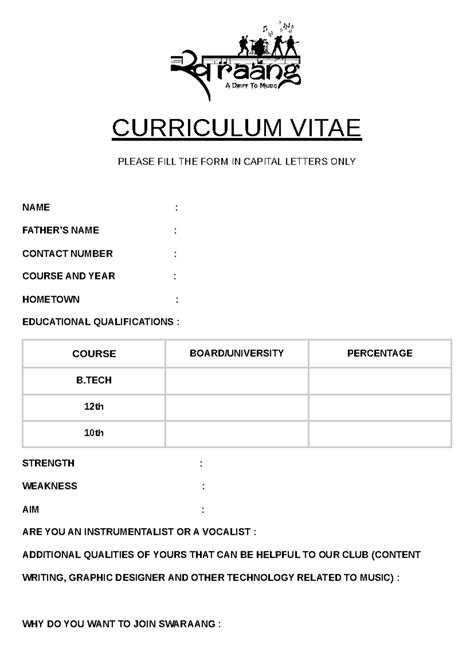 Curriculum Vitae SW - CURRICULUM VITAE PLEASE FILL THE FORM IN CAPITAL ...