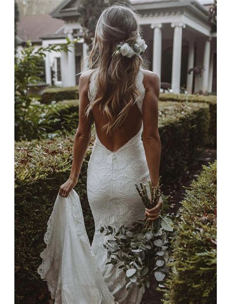 Beach Open Back Boho Wedding Dresses Mermaid / Trumpet Halter Sleeveless Chapel Train Lace ...