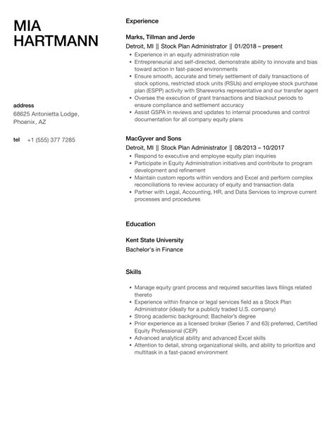 Stock Plan Administrator Resume Samples | Velvet Jobs
