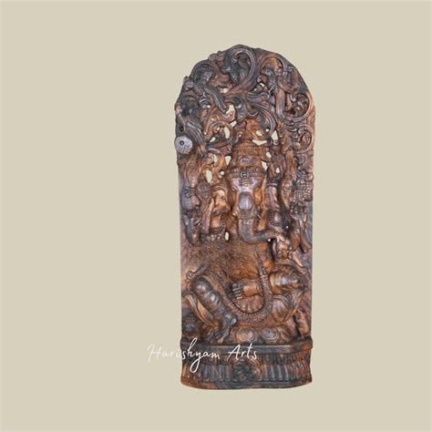 37" Handcrafted Wooden Ganesha Idol Eating Modak on Lotus with Intrica