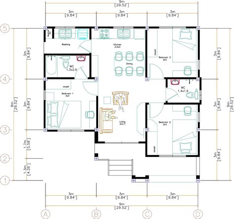 30x30 Feet Small House Plan 9x9 Meter 3 Beds 2 Bath Shed Roof PDF (A4 ...